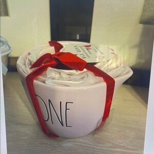 Pink Ceramic Bowl with Red Ribbon